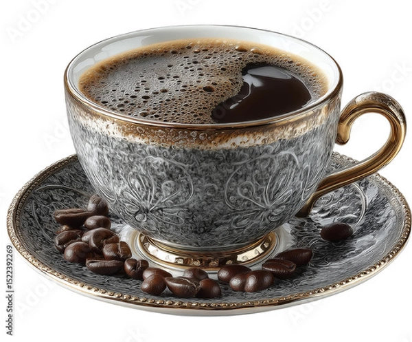 Fototapeta A cup of coffee with beans on a saucer with a golden rim and a patterned cup with coffee bubbles
