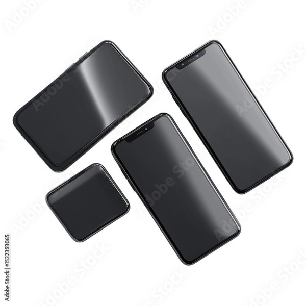 Fototapeta Four white smartphones arranged diagonally on a white background with a glossy and modern appearance