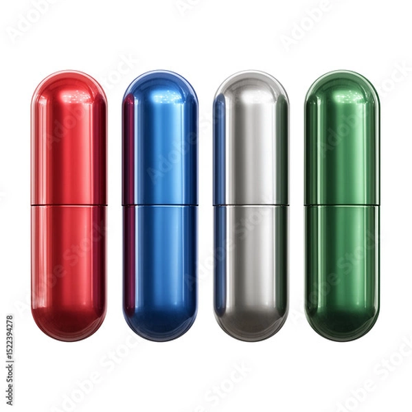 Fototapeta A row of four shiny metallic capsules in red blue silver and green isolated on a white background