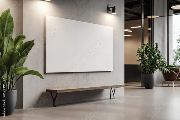 Fototapeta mockup. large, plain white canvas, artwork, mounted horizontally in landscape orientation on the wall of a modern office lobby with good lighting and potted plants