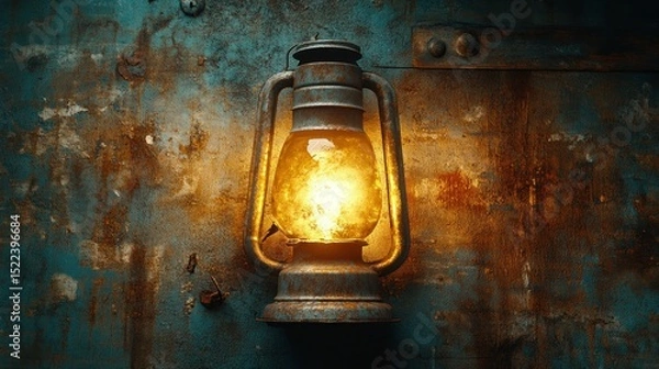 Fototapeta Rusty lantern glows on weathered metal