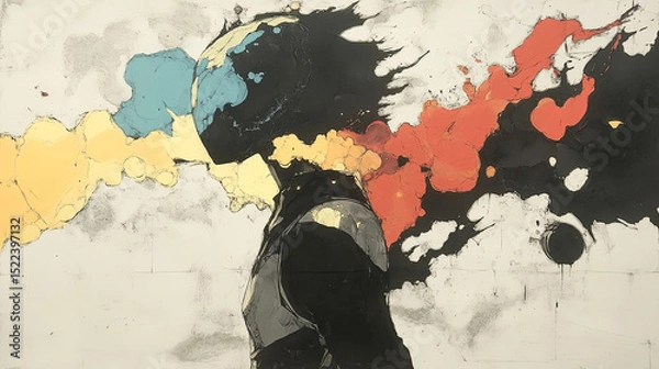 Fototapeta Abstract illustration of a silhouette with vibrant colors emanating from the head, representing creativity, imagination, and the flow of ideas in a dynamic artistic expression