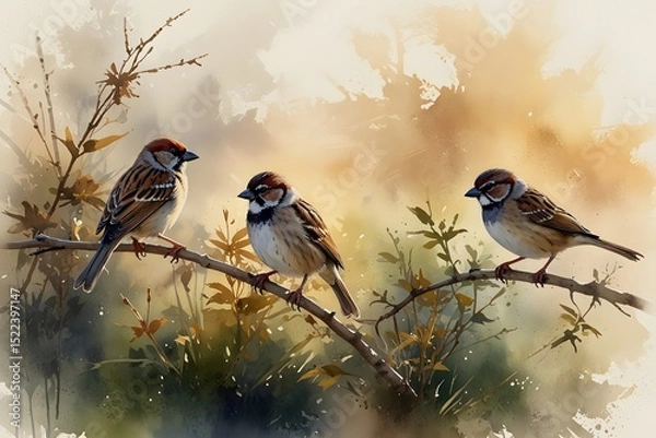 Fototapeta Sparrows in a morning light setting in watercolor style