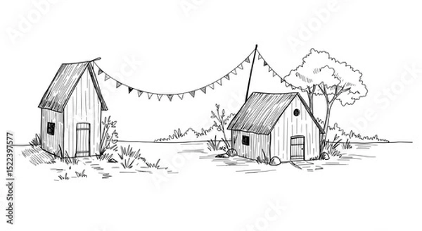 Fototapeta Sketch of two rustic houses with bunting flags and tree background  
