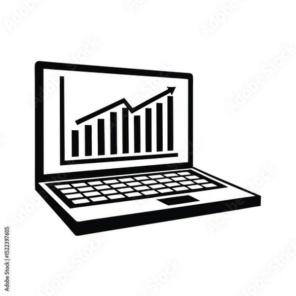 Fototapeta Black Silhouette Laptop Icon Showing an Increasing Graph on Screen, Modern Design