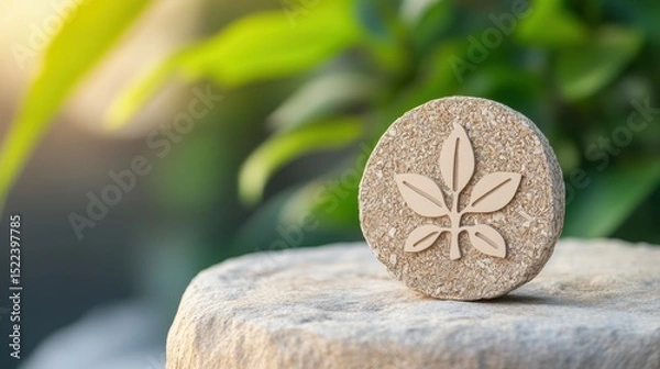 Fototapeta Natural stone with leaf design placed on a textured surface, surrounded by greenery.
