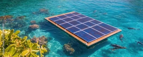 Fototapeta Floating solar panel in clear blue water with coral reef below.