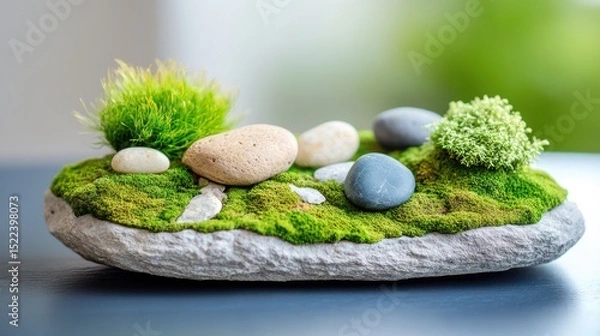 Fototapeta A decorative arrangement of stones and moss on a textured surface.