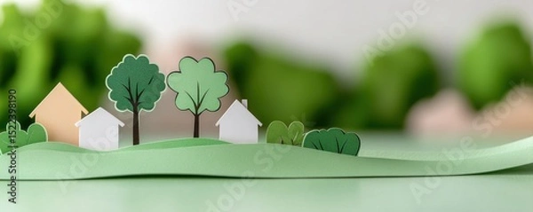 Fototapeta Miniature paper houses and trees on a green landscape backdrop.