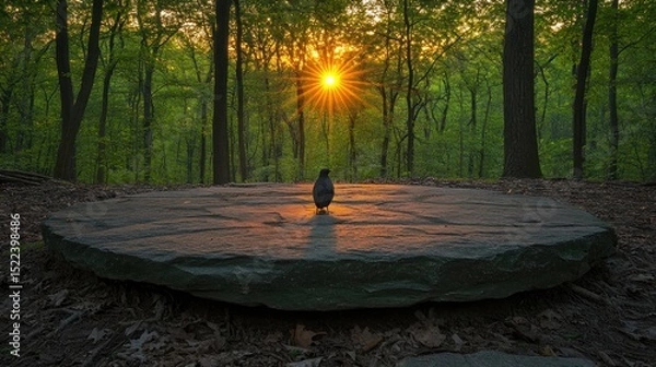 Fototapeta Bird on stone at sunrise in forest