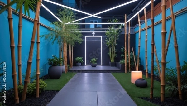 Obraz Modern garden pathway illuminated by LED lights with bamboo and tropical plants creating a tranquil atmosphere