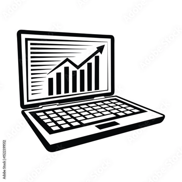 Fototapeta Black and White Laptop with Bar Graph Displaying Growth, Finance Data, and Analysis