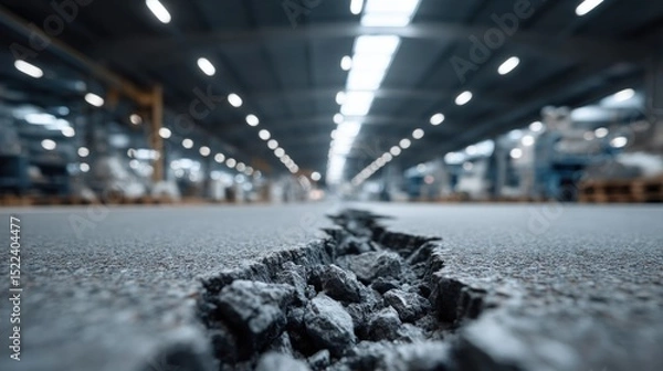 Obraz large crack runs through the concrete floor of an industrial warehouse, indicating potential structural issues. dimly lit space is filled with machinery and work areas in the background