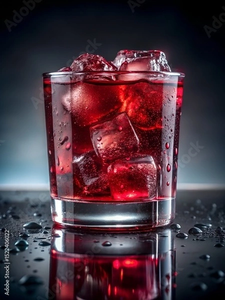 Obraz Chilled red beverage with ice cubes in a glass, condensation on surface, reflecting on glossy black tabletop