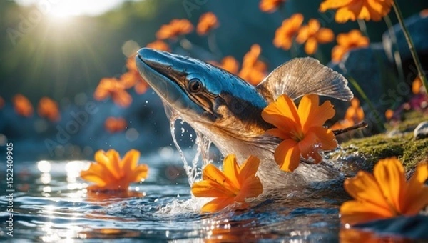 Obraz A vibrant fish emerging from a sparkling water surface surrounded by orange flowers, under golden sunlight
