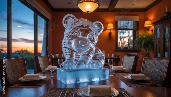 Obraz Intricate ice sculpture of a bear at a beautifully set dining table with sunset views