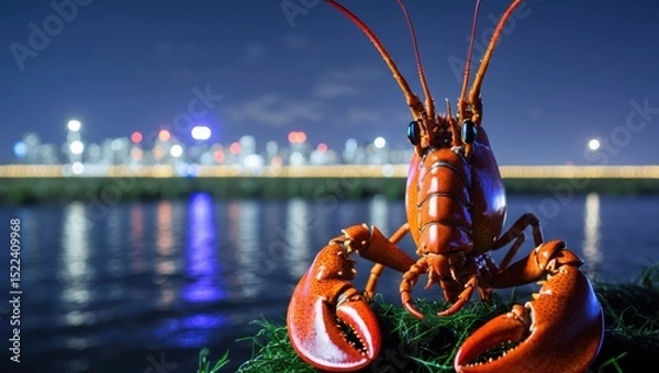 Obraz Vibrant red lobster perched on green seaweed against a shimmering city skyline at night