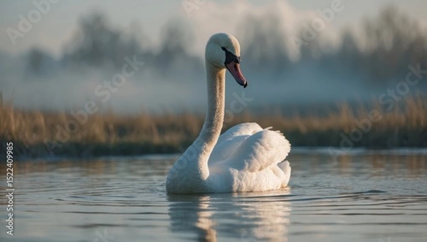 Obraz A majestic swan gliding gracefully on a serene lake surrounded by misty wetlands at dawn