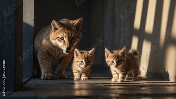 Obraz Three adorable small orange kittens and a larger cat in a sunlit corridor with wooden flooring, capturing a playful moment with soft shadows