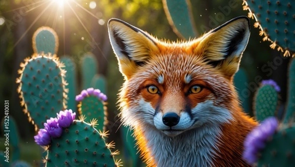 Obraz A close-up portrait of a vibrant red fox among blooming cacti at sunset, showcasing its piercing eyes and lush surroundings