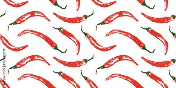 Fototapeta Vector seamless hand drawn chili pepper pattern. Spicy print for fabric, food packaging, kitchen textiles, and branding. Handmade style with textured brush effect.