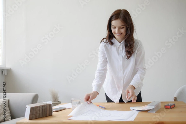 Fototapeta Woman organizing papers on a wooden desk in a bright, modern workspace during daytime