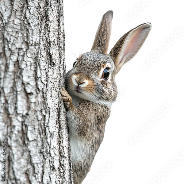 Obraz PNG Curious Bunny Hiding Behind a Tree Trunk against transparent Background