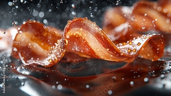 Fototapeta Crispy Bacon Sizzle Juicy Strips with Water Droplets Close up Photography
