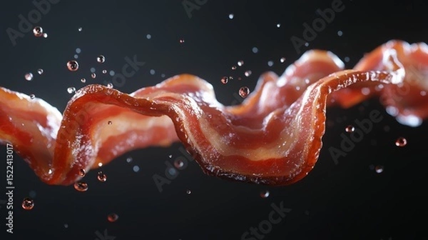 Fototapeta Crispy Bacon Strip with Water Droplets Splashing Delicious Food Photography