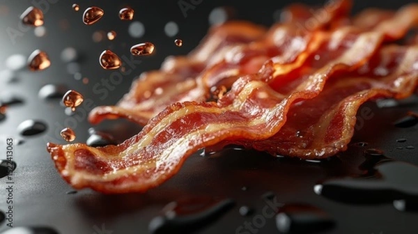 Fototapeta Crispy Cooked Bacon Strips with Rendering Fat Droplets on Dark Background