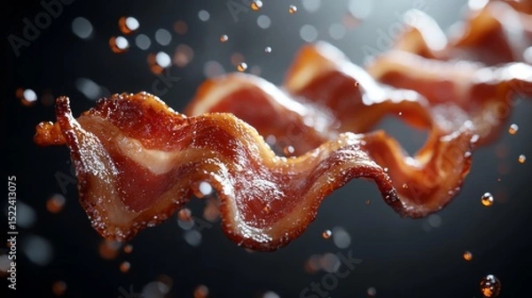 Fototapeta Crispy Delicious Bacon Strips Flying with Grease Droplets Close Up Food Photography