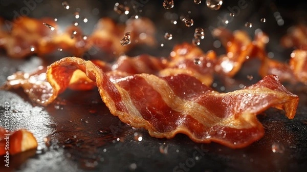 Fototapeta Crispy Delicious Bacon Strips Sizzling on a Pan with Water Droplets