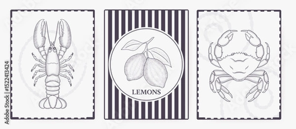 Obraz Set of trendy summer posters in engraved grunge style. Vintage prints with doodle-style, a lobster, a crab, and lemons. Vacation and beach concept. Chic design for cards, wall art, and branding. 
