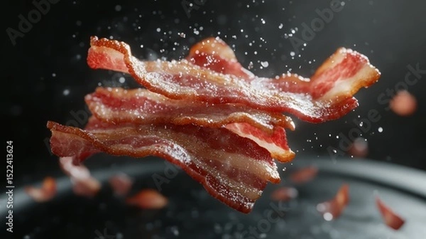 Fototapeta Crispy Delicious Bacon Slices in Mid Air Food Photography
