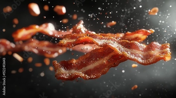 Fototapeta Crispy Fried Bacon Strips Flying in Air Delicious Breakfast Food Photography
