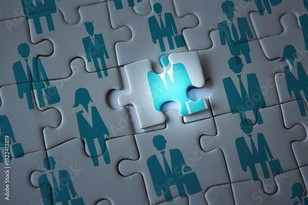 Fototapeta Puzzle Showing People Silhouette Design with One Bright Piece Abstract Assembly