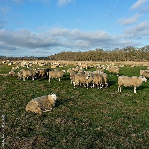 Fototapeta Herd of sheep at the heather fields around the town of Ede on the Veluwe in the Netherlands on the Edese Heide and Ginkelse Heide