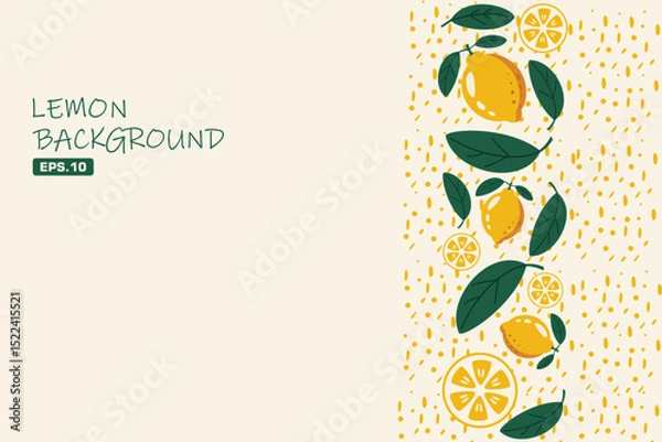 Fototapeta Vector lemon background with hand-drawn leaves and fruit. Ideal for summer packaging, kitchen prints, or organic product branding.