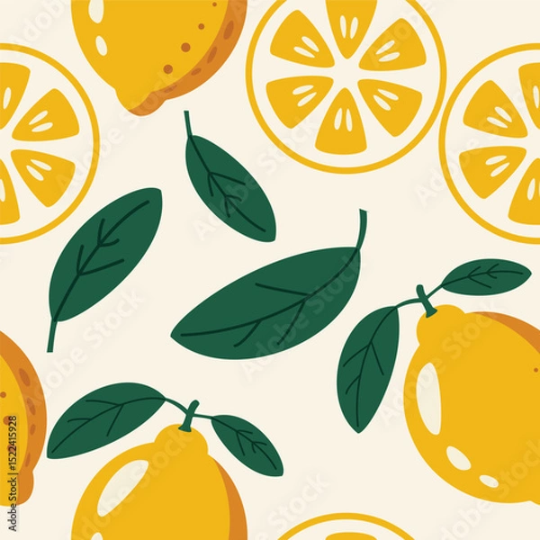 Fototapeta Seamless Lemon Pattern with Leaves. Perfect for summer-themed packaging, textiles, and digital backgrounds.