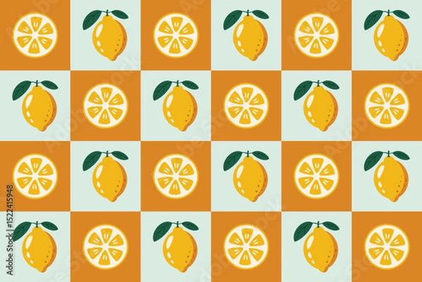 Fototapeta Yellow Lemon and Slice Seamless Pattern in Retro Blocks. Bright seamless checkerboard lemon pattern with citrus slices. Perfect for summer packaging, fabric prints, and digital backgrounds.