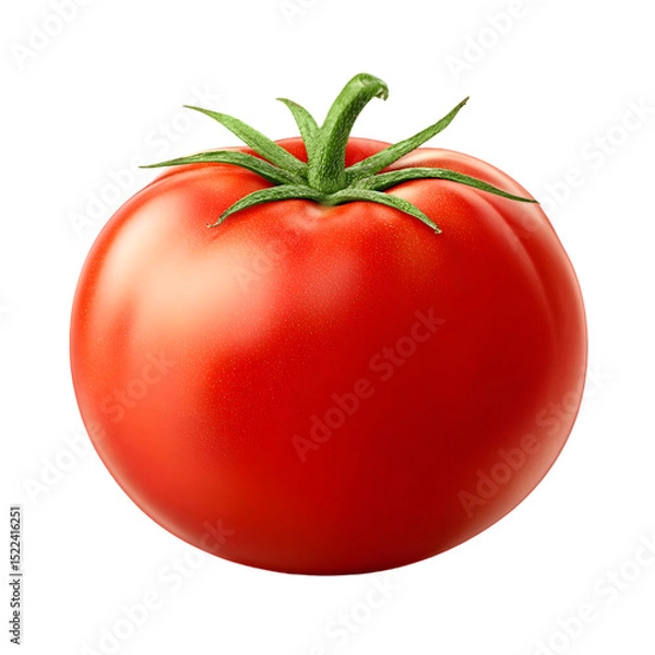 Fototapeta A single ripe red tomato isolated on transparent backgrounds for PNG showing its smooth skin and green stem