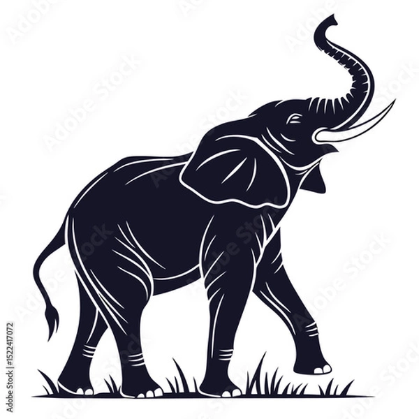 Obraz Silhouette of an African Elephant with Trunk Raised, Walking Through Tall Grass, Isolated