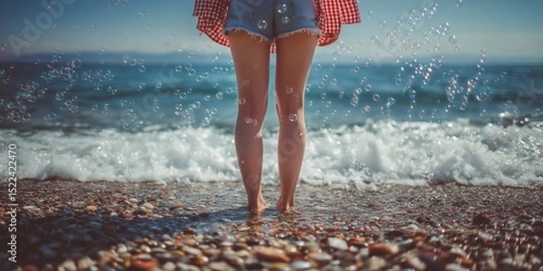 Obraz Carefree summer at the beach: girl making bubbles by the ocean shore