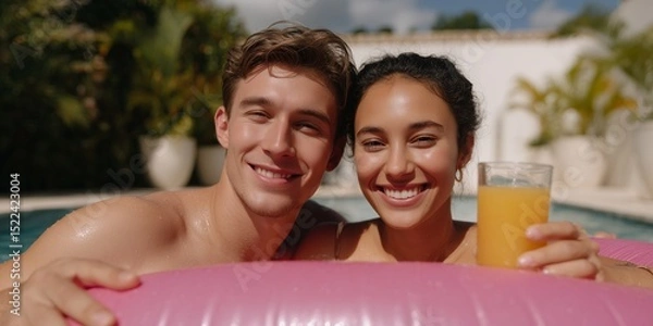 Obraz Young couple relaxing in pool with refreshing drink on a sunny day
