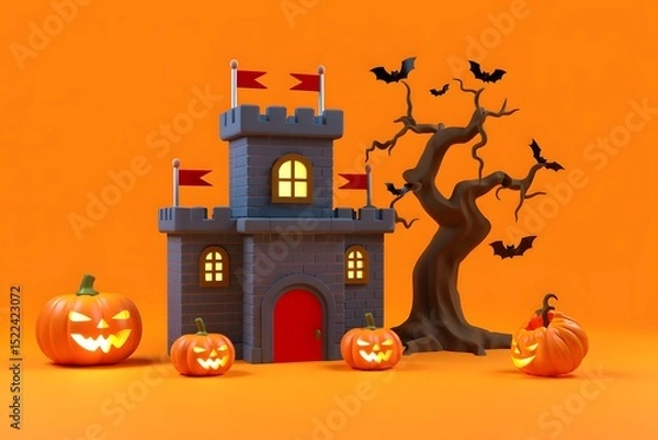 Obraz 3d render of a spooky halloween scene with a castle pumpkins and bats on orange background