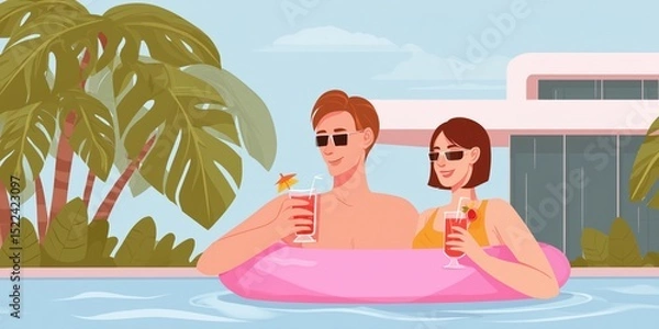 Obraz Young couple relaxing in pool with tropical drinks and sunglasses