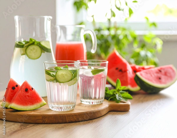 Fototapeta AI generated image showing mineral-rich water, fresh juices, and hydrating foods like watermelon and cucumber with scientific infographic of molecular structures and health benefits