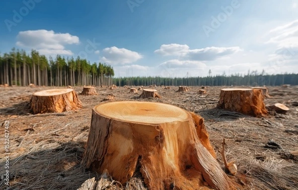 Fototapeta Impact of deforestation evident in barren landscape with scattered tree stumps under bright daylight in a forest setting