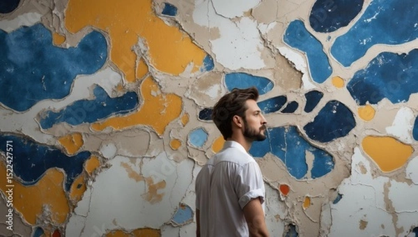 Obraz A thoughtful young man standing in profile against a colorful, peeling wall with abstract patterns in blue, orange, and cream hues