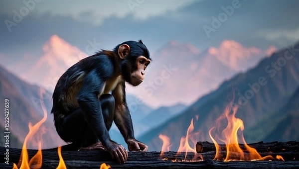 Obraz A young chimpanzee sitting on a log in front of flames, with majestic mountains in the background, creating a dramatic contrast between fire and